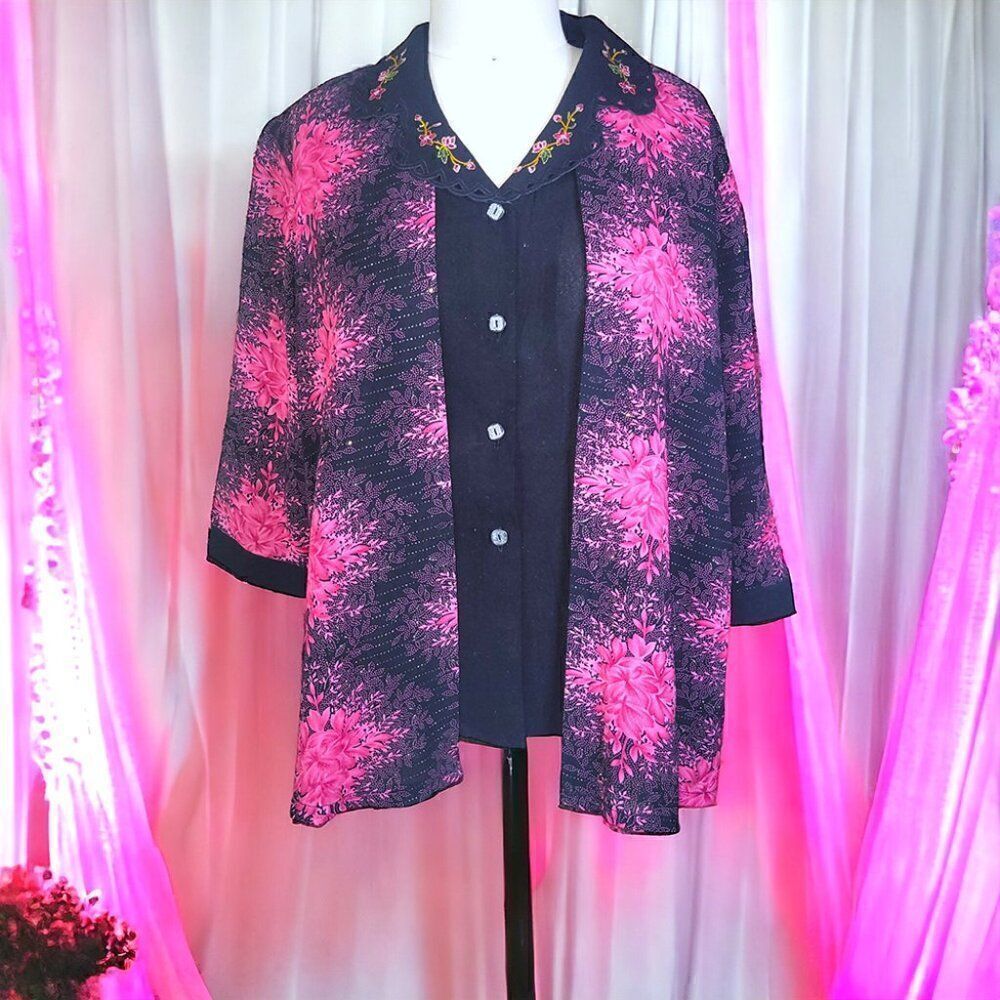 Hot pink black fireworks embroidery floral 3/4 sleeves layered top